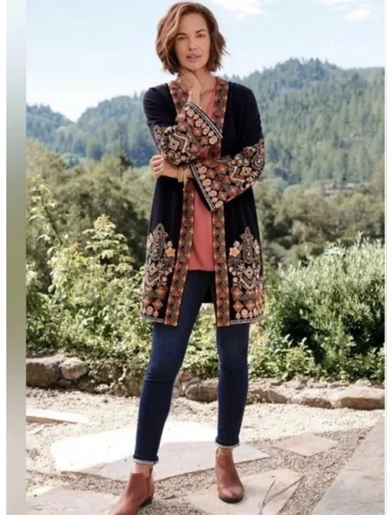 Soft Surroundings Fiberworks Black Open-Front Embroidered Kimono Cardigan - Picture 2 of 8